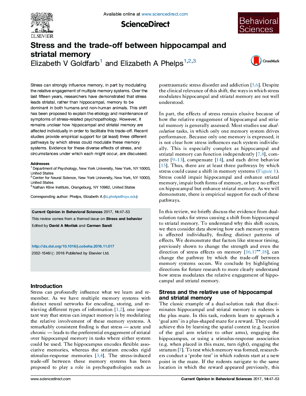 Stress and the trade-off between hippocampal and striatal memory