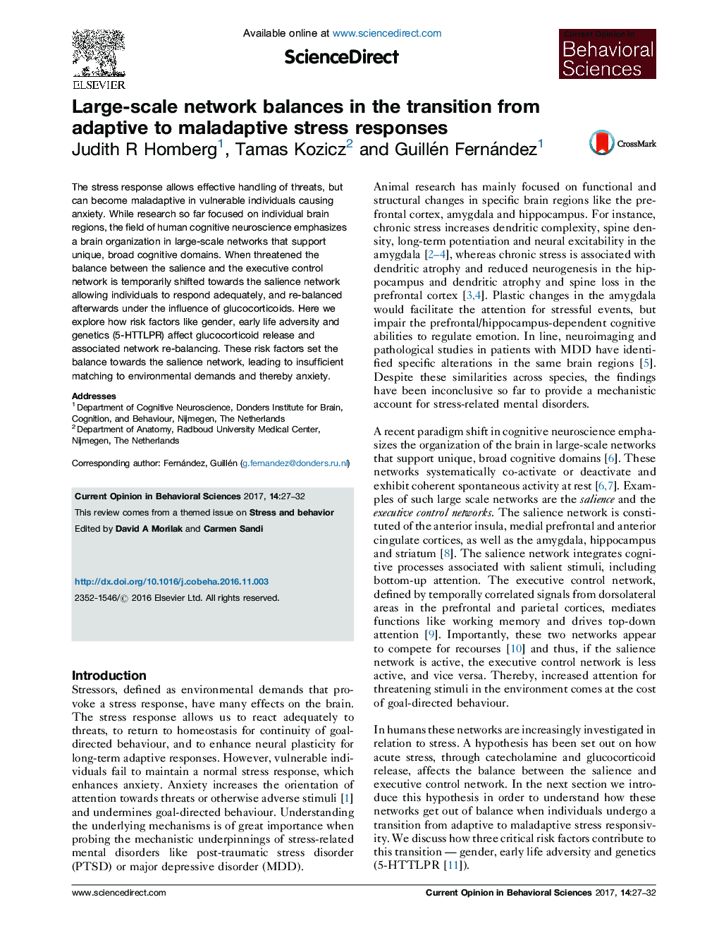 Large-scale network balances in the transition from adaptive to maladaptive stress responses