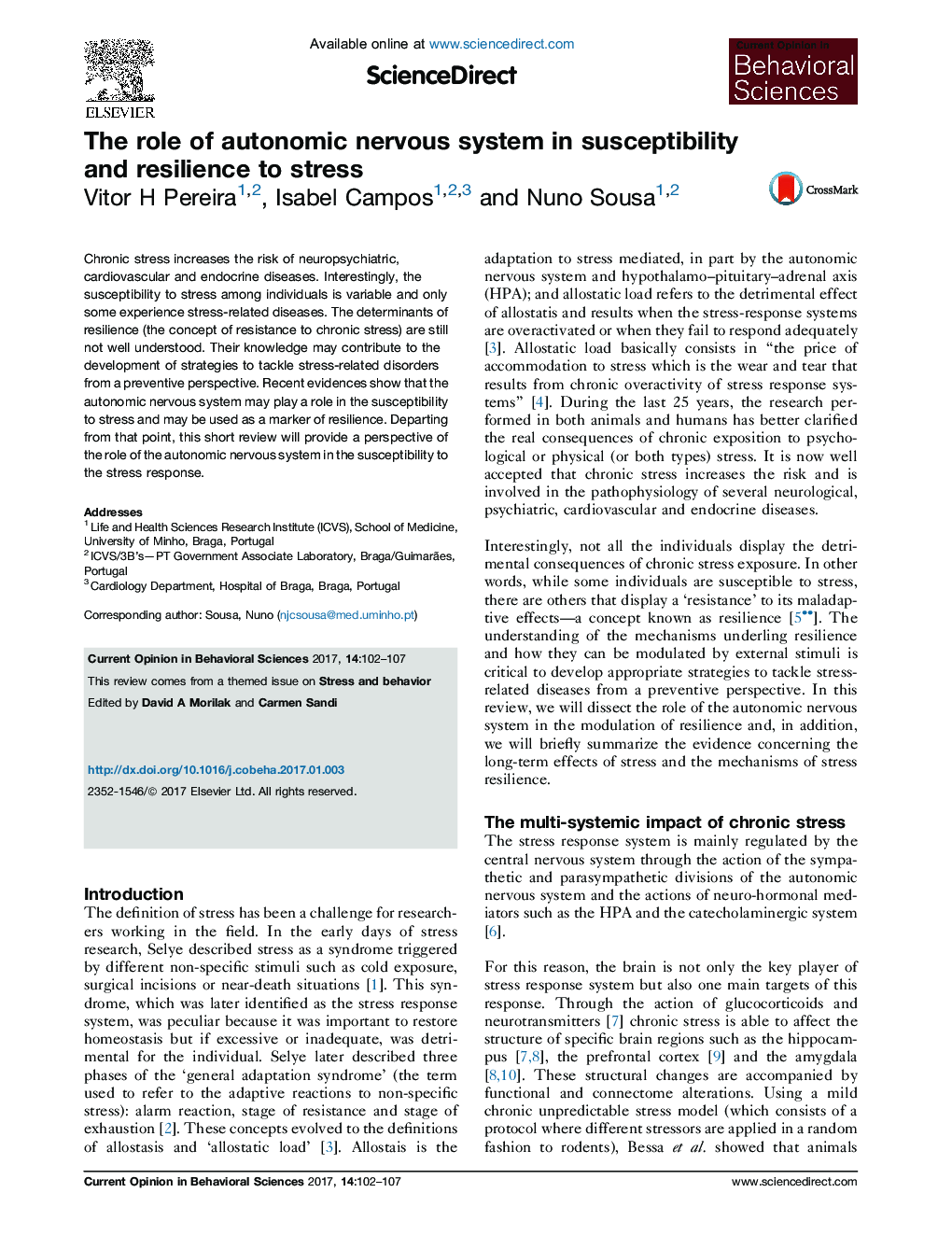 The role of autonomic nervous system in susceptibility and resilience to stress