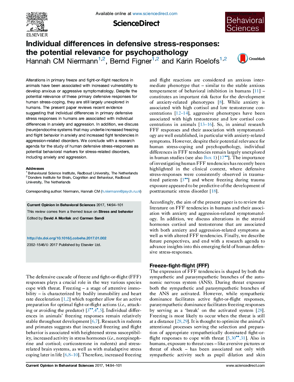 Individual differences in defensive stress-responses: the potential relevance for psychopathology