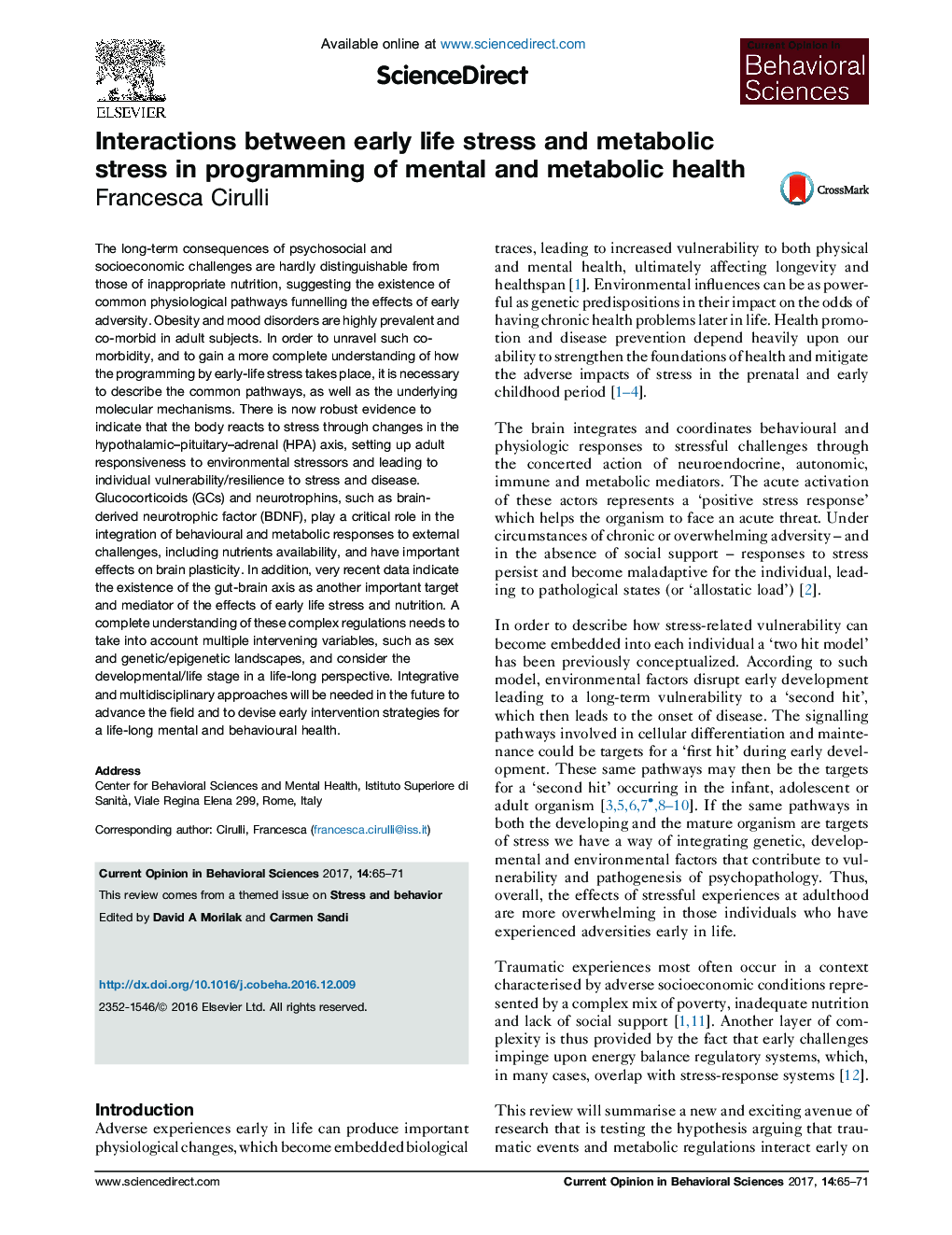 Interactions between early life stress and metabolic stress in programming of mental and metabolic health