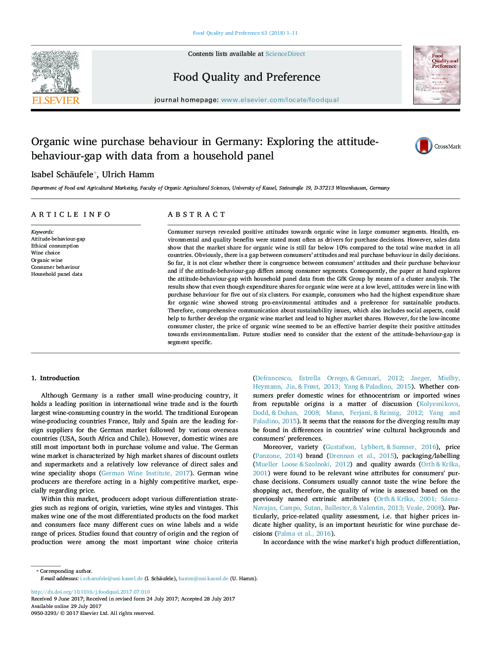 Organic wine purchase behaviour in Germany: Exploring the attitude-behaviour-gap with data from a household panel