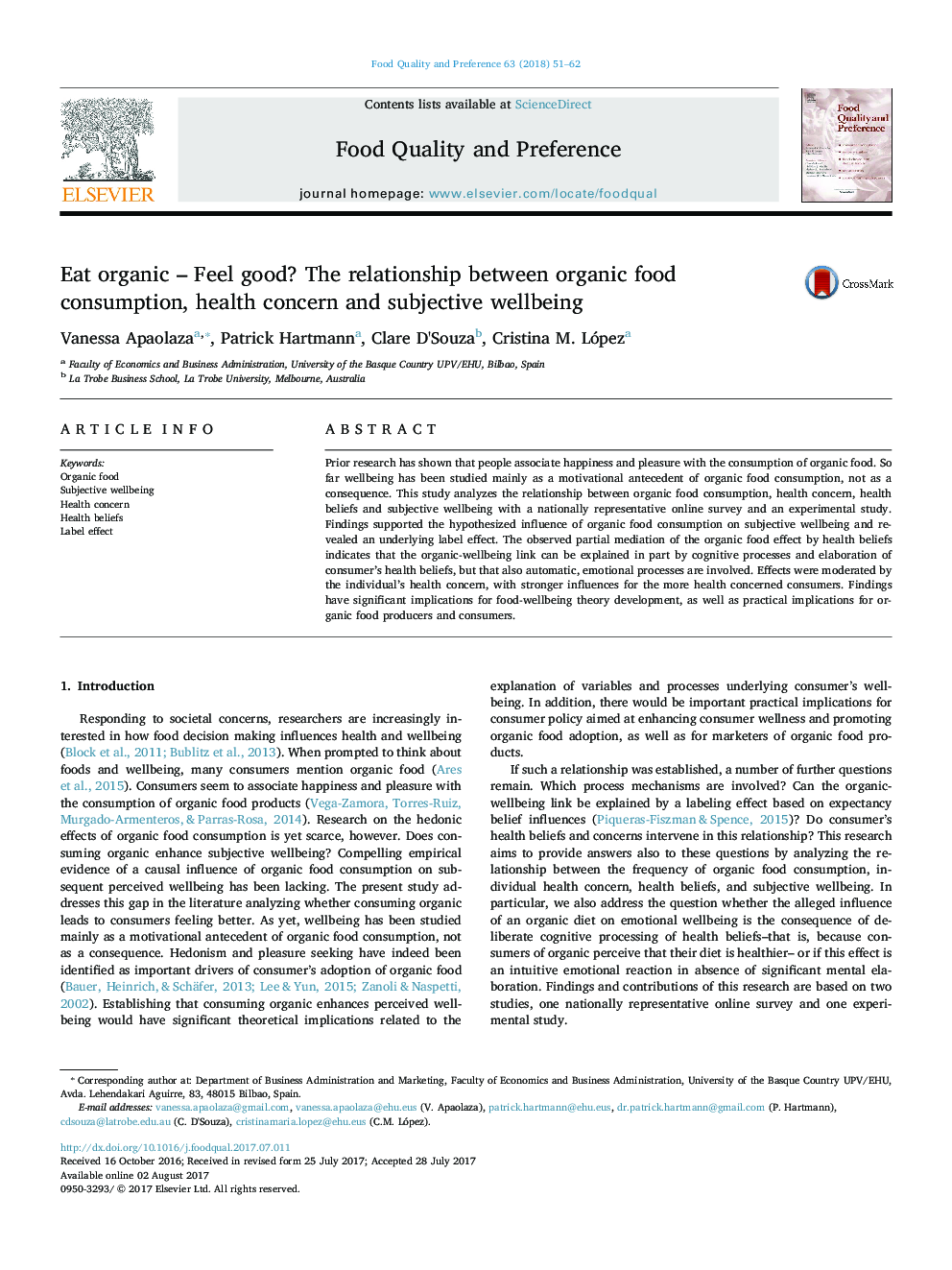 Eat organic - Feel good? The relationship between organic food consumption, health concern and subjective wellbeing