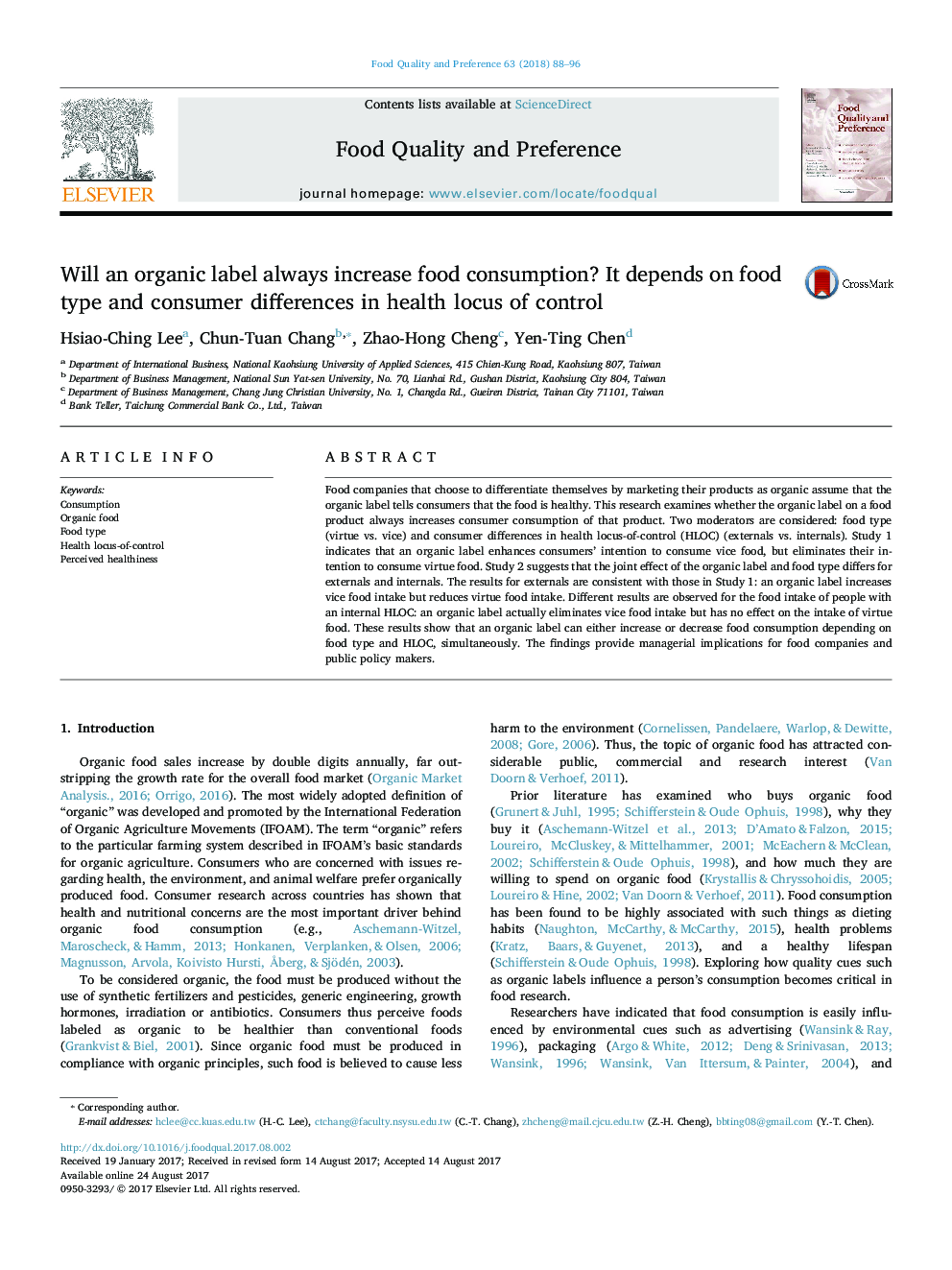 Will an organic label always increase food consumption? It depends on food type and consumer differences in health locus of control