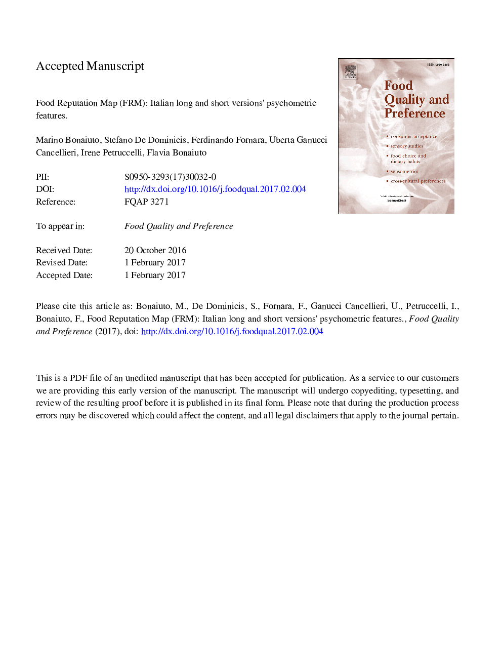 Food Reputation Map (FRM): Italian long and short versions' psychometric features