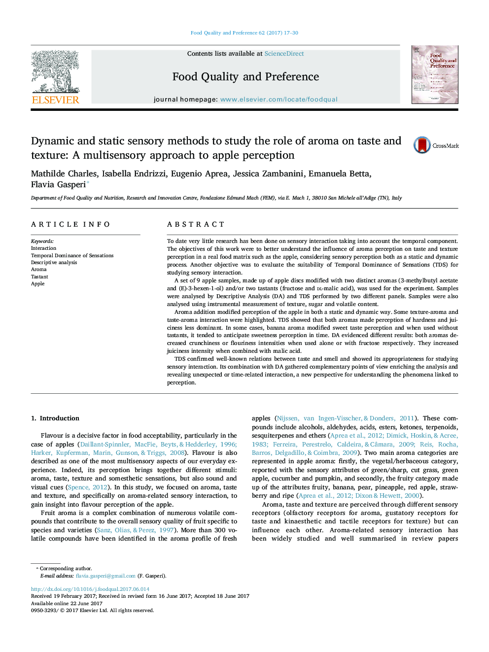 Dynamic and static sensory methods to study the role of aroma on taste and texture: A multisensory approach to apple perception