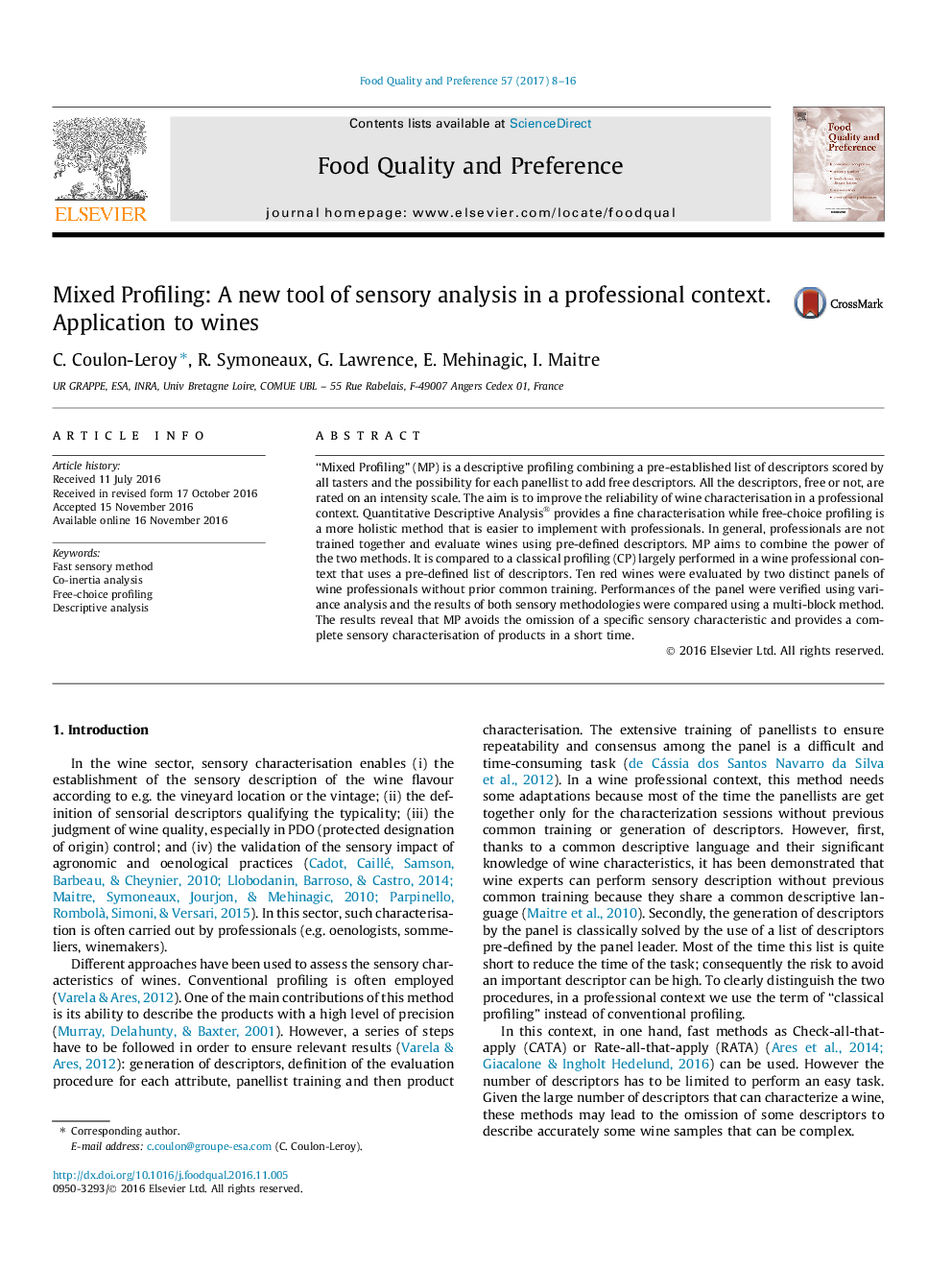 Mixed Profiling: A new tool of sensory analysis in a professional context. Application to wines