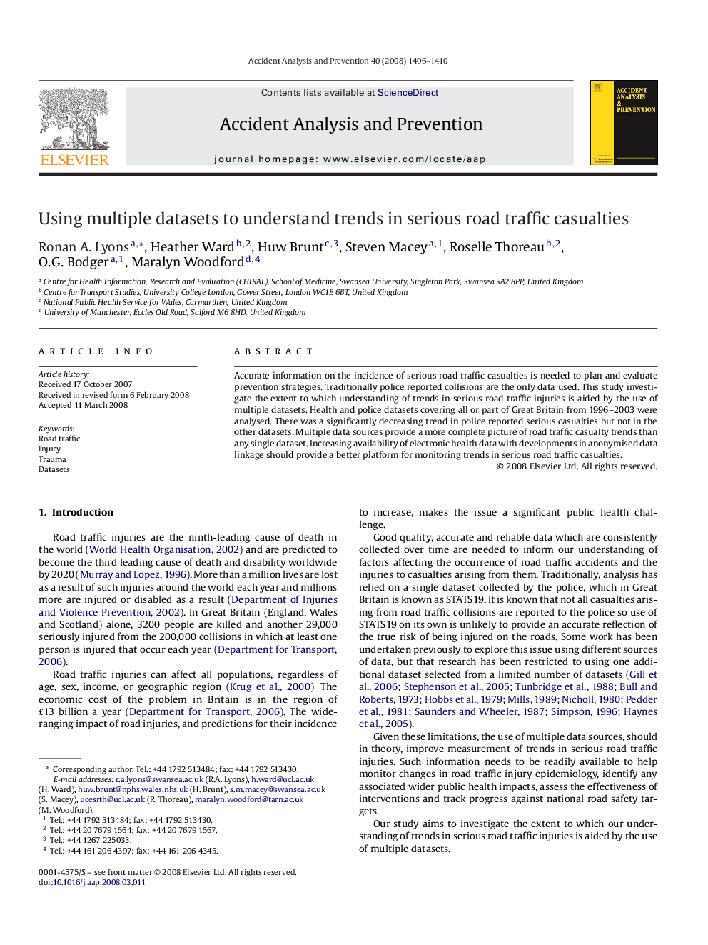 Using multiple datasets to understand trends in serious road traffic casualties