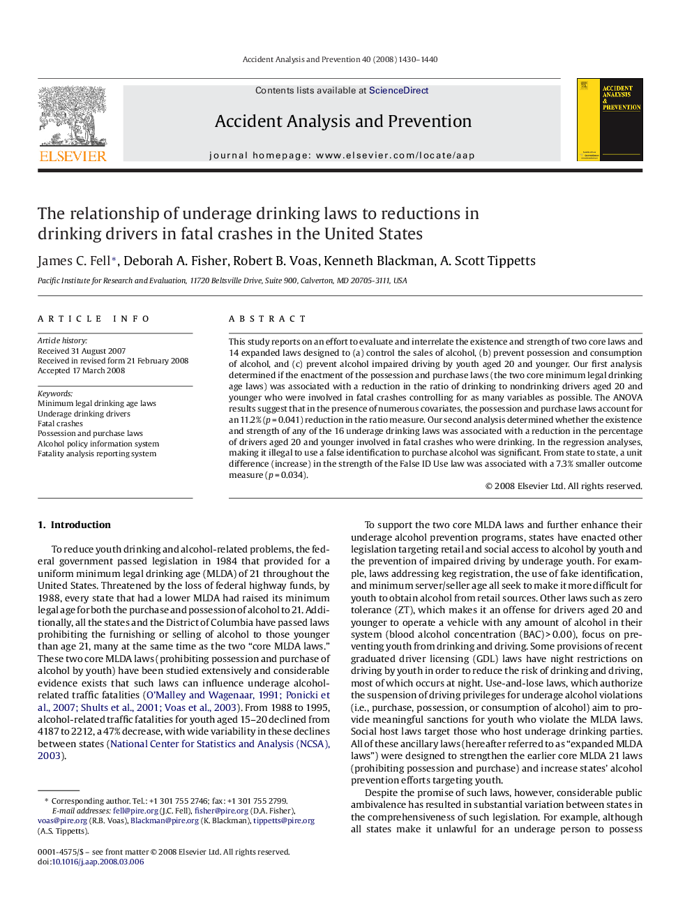 The relationship of underage drinking laws to reductions in drinking drivers in fatal crashes in the United States