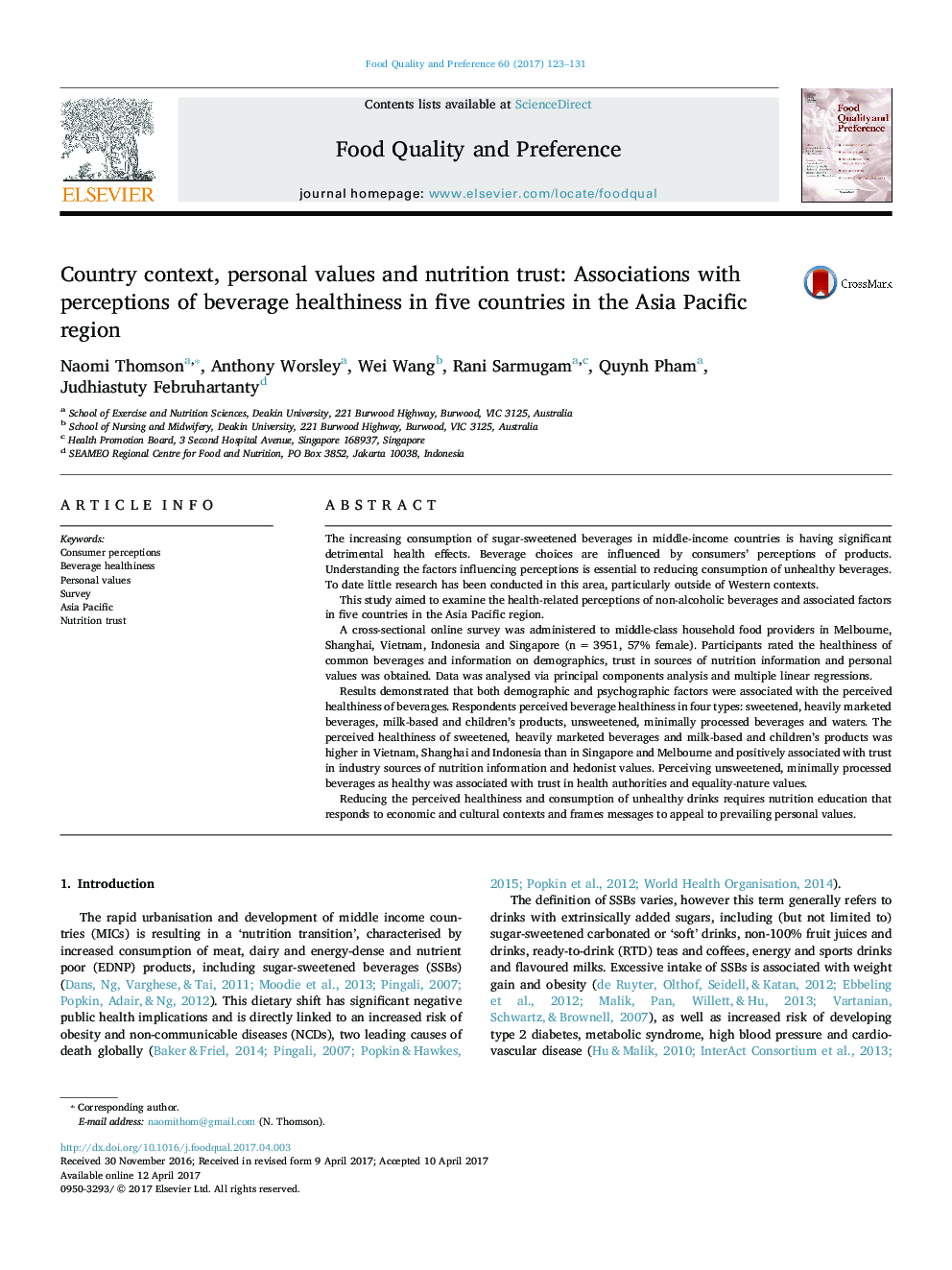 Country context, personal values and nutrition trust: Associations with perceptions of beverage healthiness in five countries in the Asia Pacific region