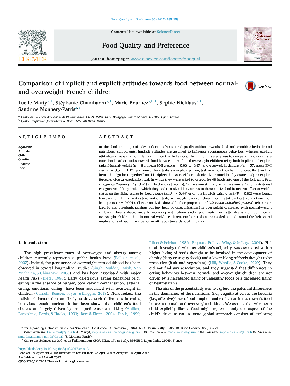 Comparison of implicit and explicit attitudes towards food between normal- and overweight French children