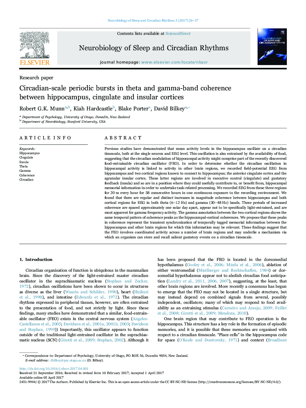 Research paperCircadian-scale periodic bursts in theta and gamma-band coherence between hippocampus, cingulate and insular cortices