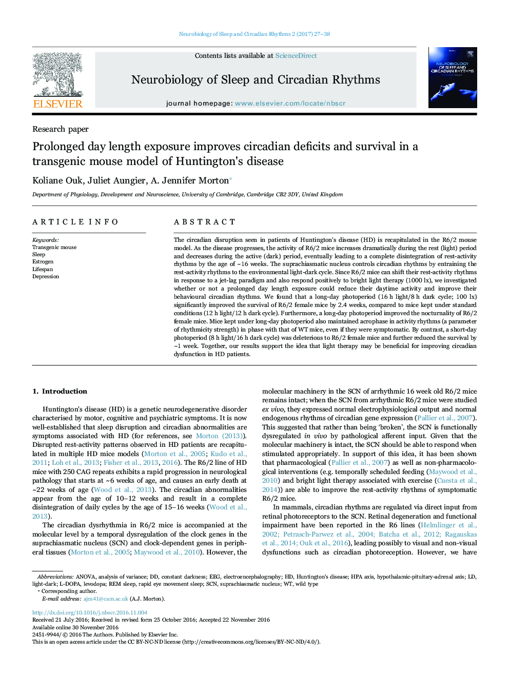 Research paperProlonged day length exposure improves circadian deficits and survival in a transgenic mouse model of Huntington's disease