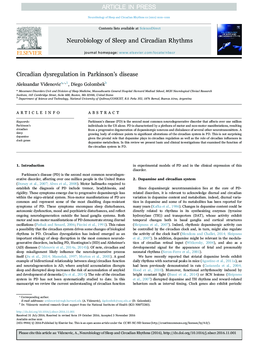 Circadian dysregulation in Parkinson's disease