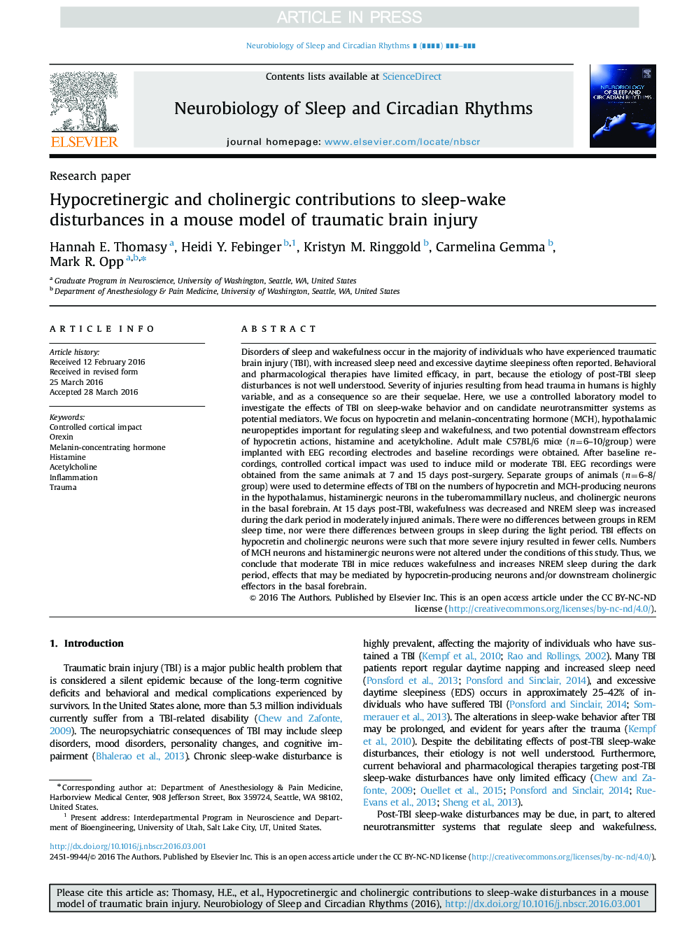 Hypocretinergic and cholinergic contributions to sleep-wake disturbances in a mouse model of traumatic brain injury