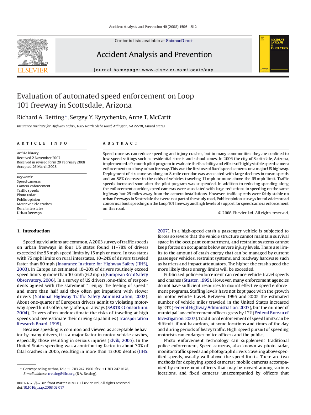 Evaluation of automated speed enforcement on Loop 101 freeway in Scottsdale, Arizona