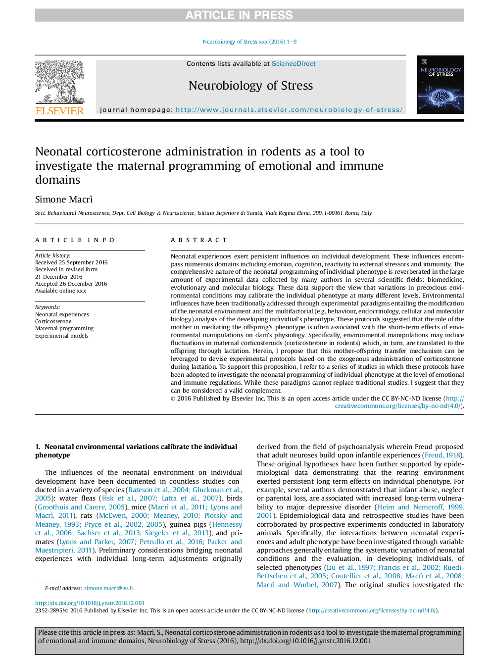 Neonatal corticosterone administration in rodents as a tool to investigate the maternal programming of emotional and immune domains