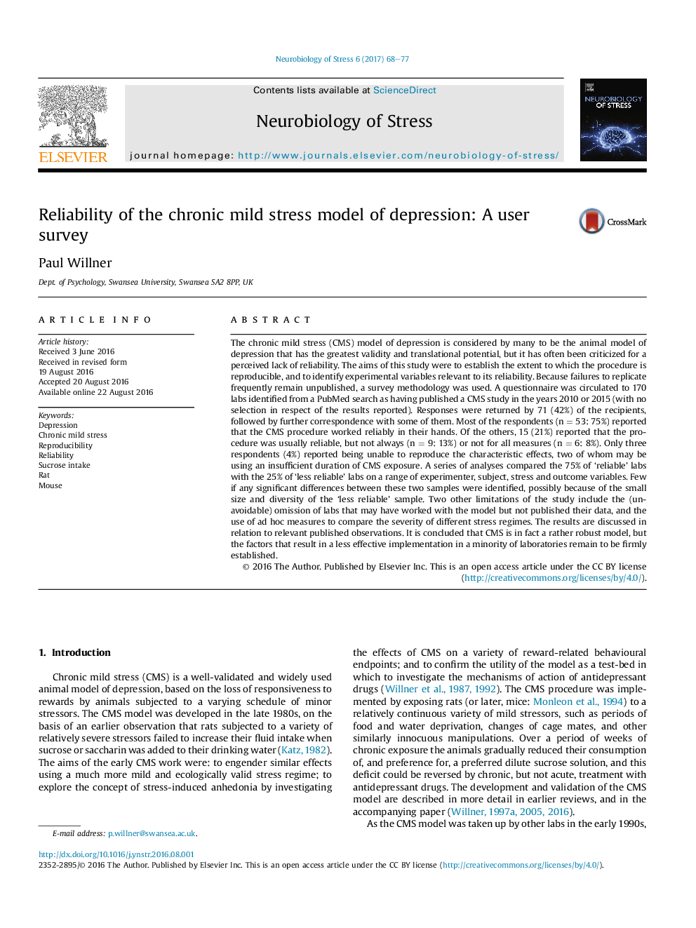 Reliability of the chronic mild stress model of depression: A user survey