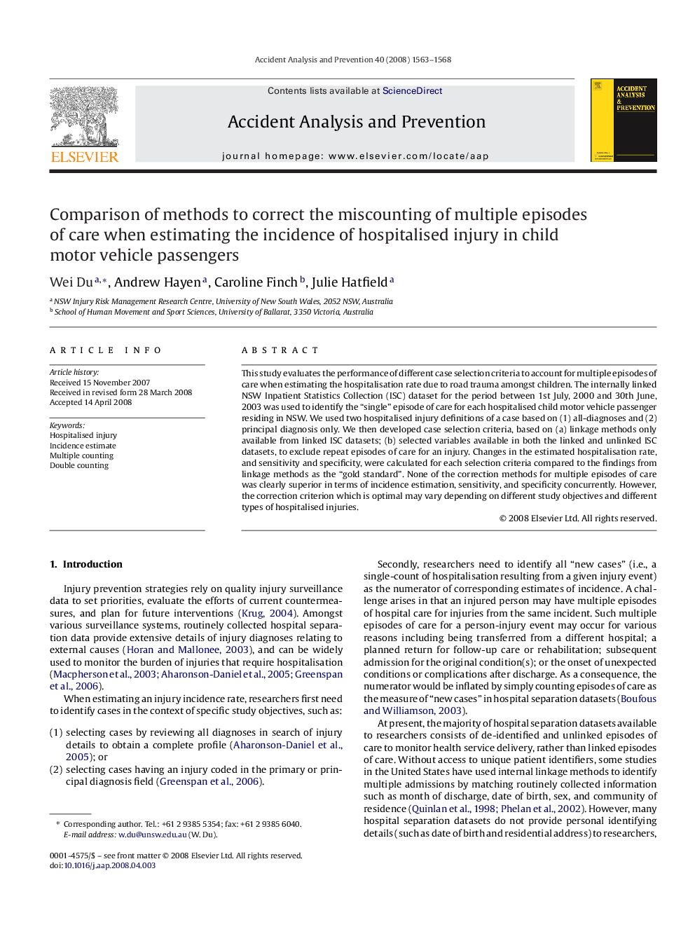 Comparison of methods to correct the miscounting of multiple episodes of care when estimating the incidence of hospitalised injury in child motor vehicle passengers