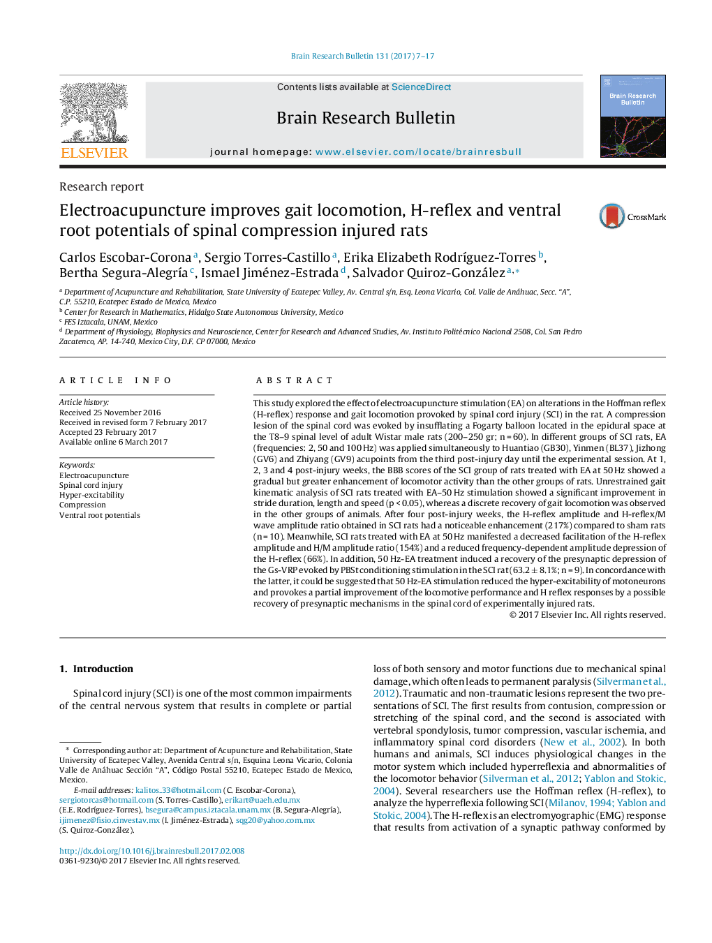 Electroacupuncture improves gait locomotion, H-reflex and ventral root potentials of spinal compression injured rats