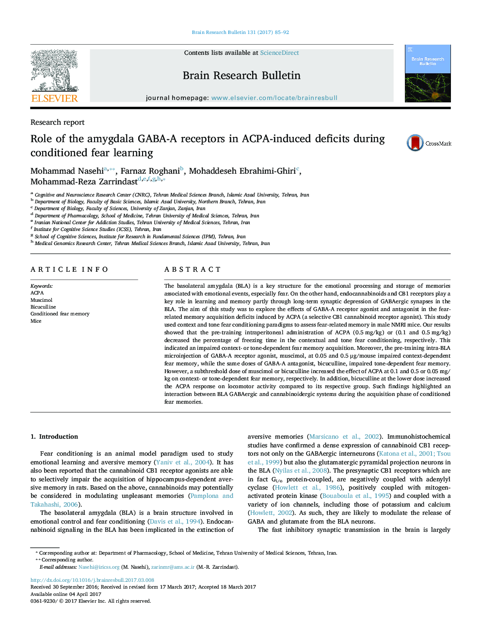 Research reportRole of the amygdala GABA-A receptors in ACPA-induced deficits during conditioned fear learning