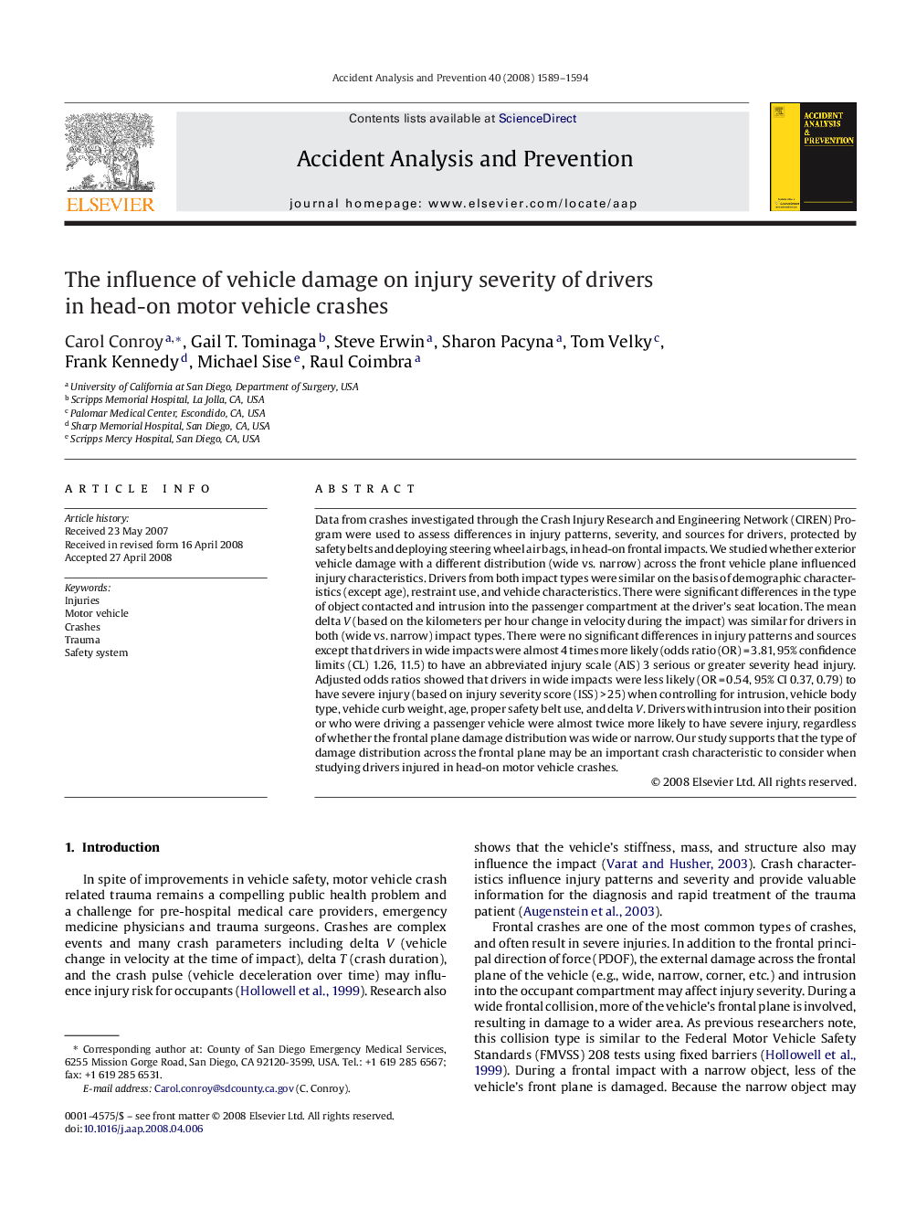 The influence of vehicle damage on injury severity of drivers in head-on motor vehicle crashes