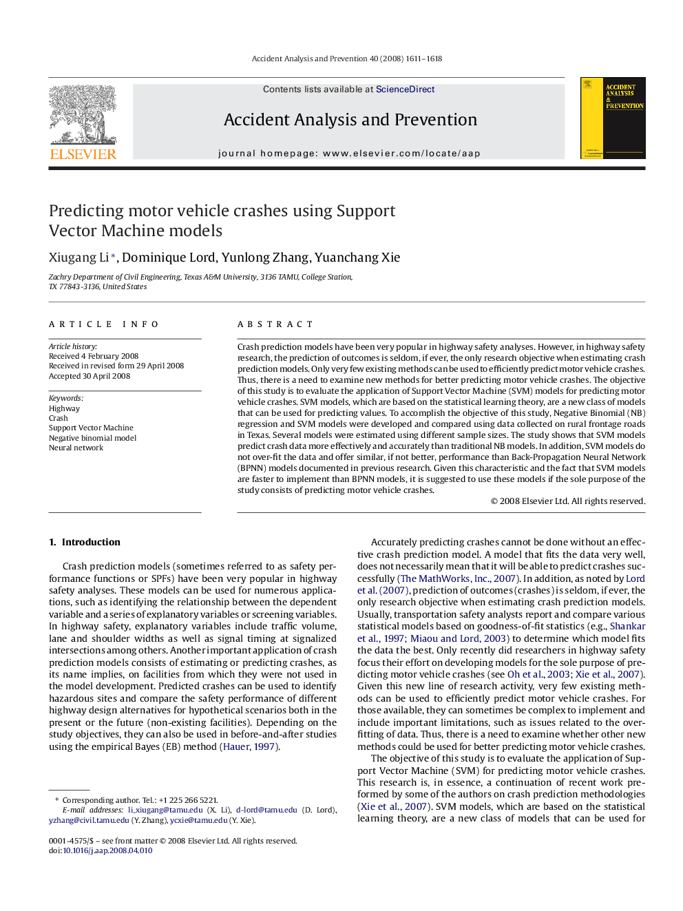 Predicting motor vehicle crashes using Support Vector Machine models