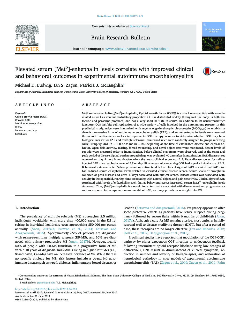 Elevated serum [Met5]-enkephalin levels correlate with improved clinical and behavioral outcomes in experimental autoimmune encephalomyelitis