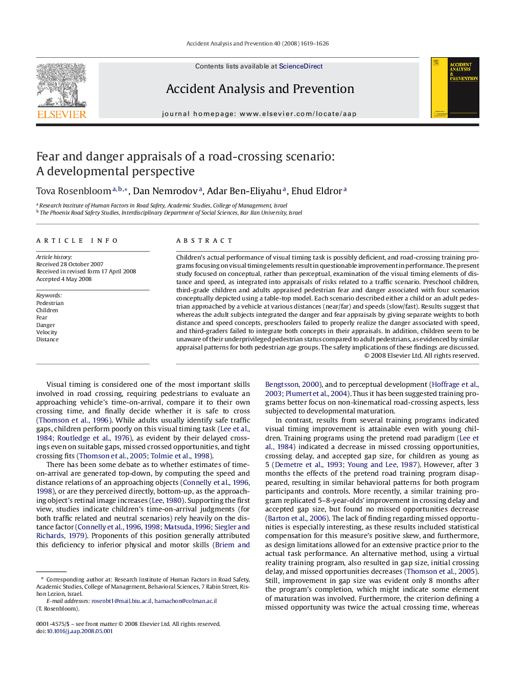 Fear and danger appraisals of a road-crossing scenario: A developmental perspective