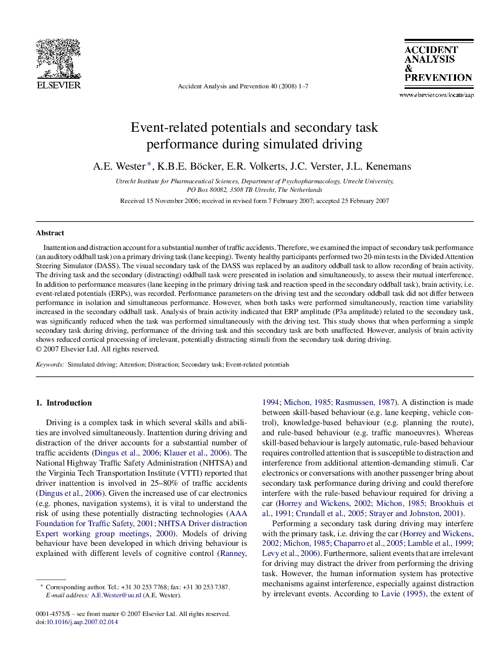 Event-related potentials and secondary task performance during simulated driving
