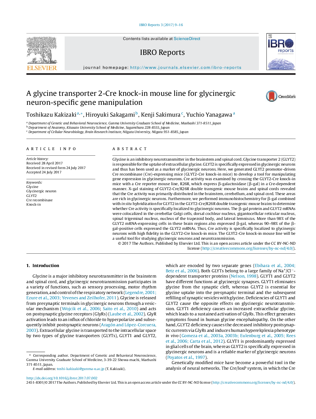 A glycine transporter 2-Cre knock-in mouse line for glycinergic neuron-specific gene manipulation