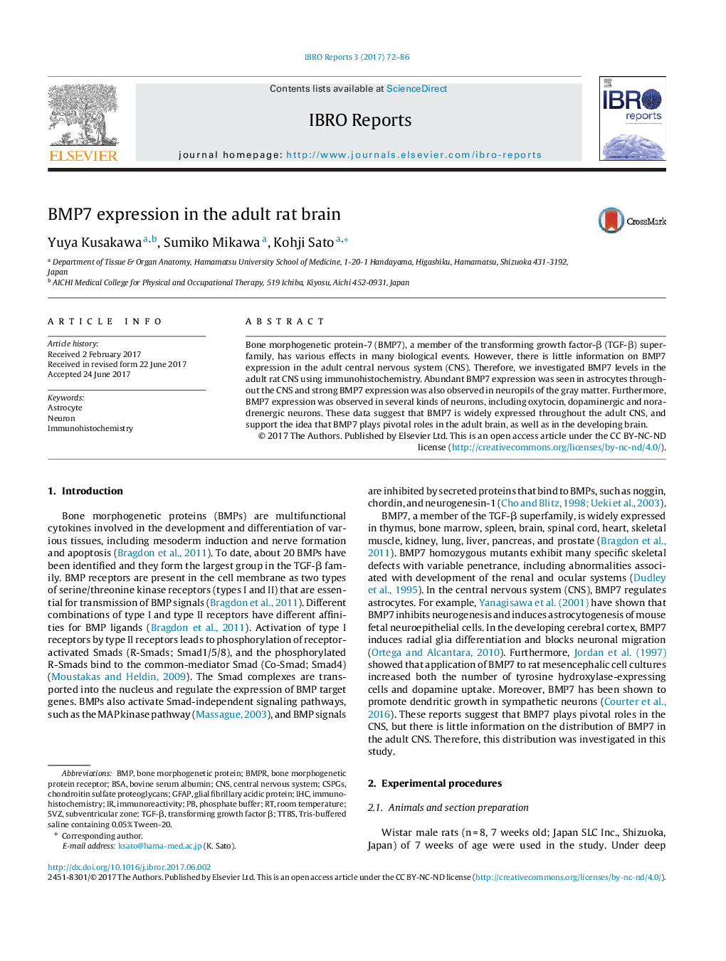 BMP7 expression in the adult rat brain