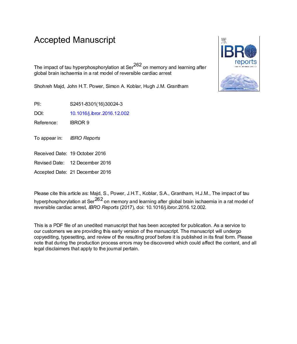 The impact of tau hyperphosphorylation at Ser262 on memory and learning after global brain ischaemia in a rat model of reversible cardiac arrest