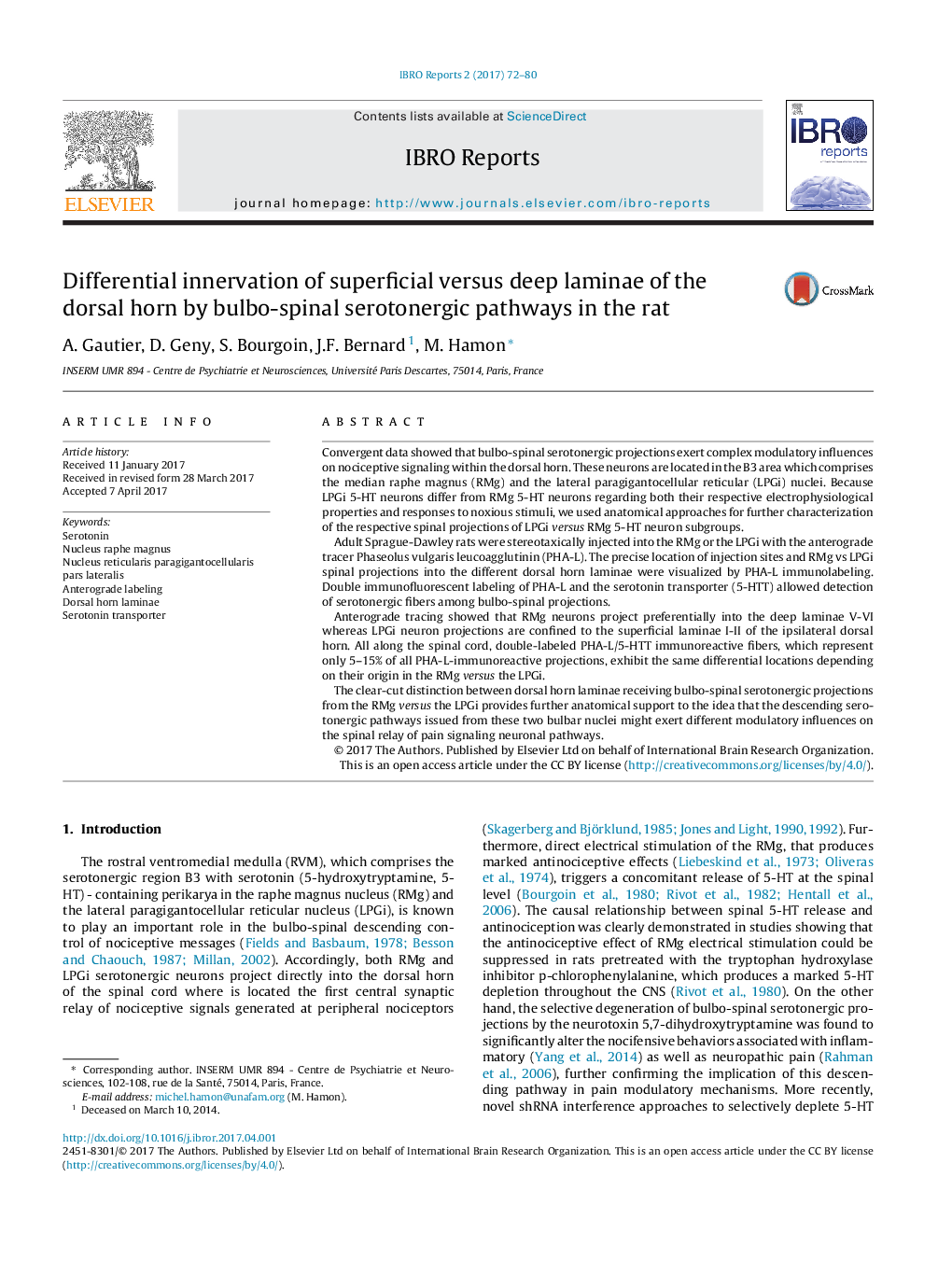 Differential innervation of superficial versus deep laminae of the dorsal horn by bulbo-spinal serotonergic pathways in the rat