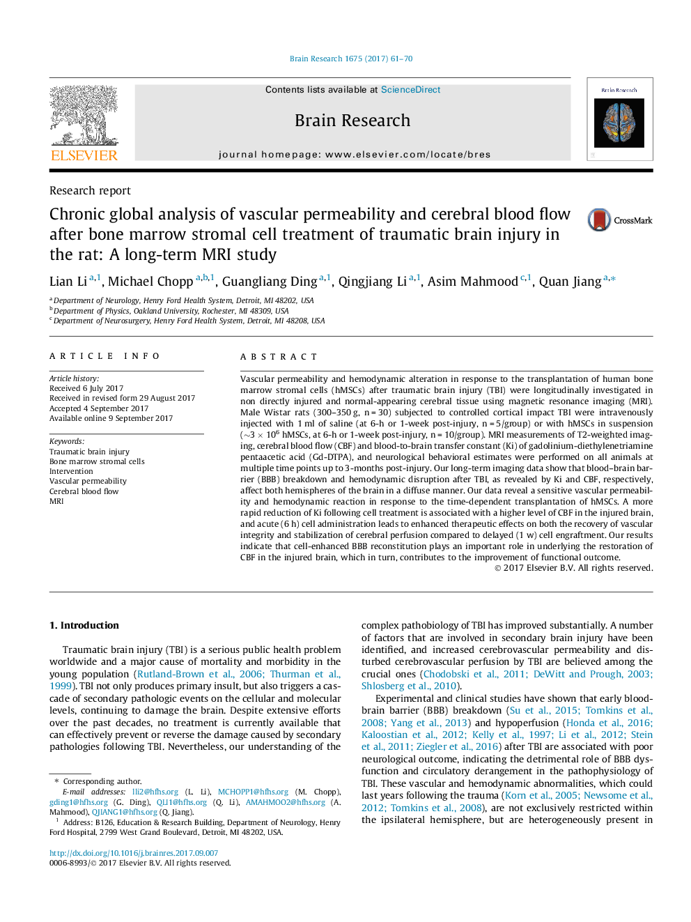 Chronic global analysis of vascular permeability and cerebral blood flow after bone marrow stromal cell treatment of traumatic brain injury in the rat: A long-term MRI study