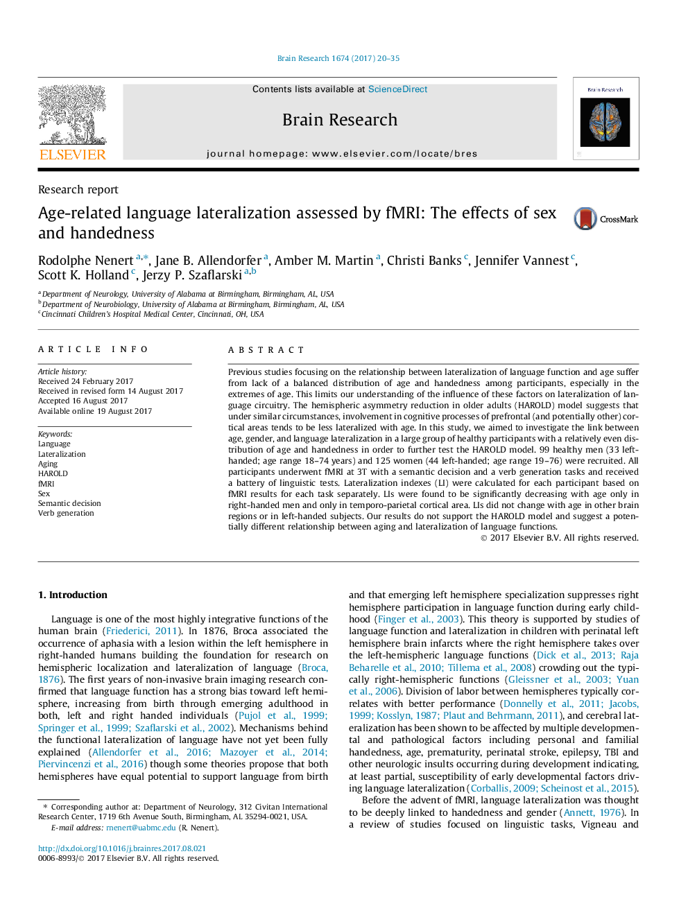 Research reportAge-related language lateralization assessed by fMRI: The effects of sex and handedness