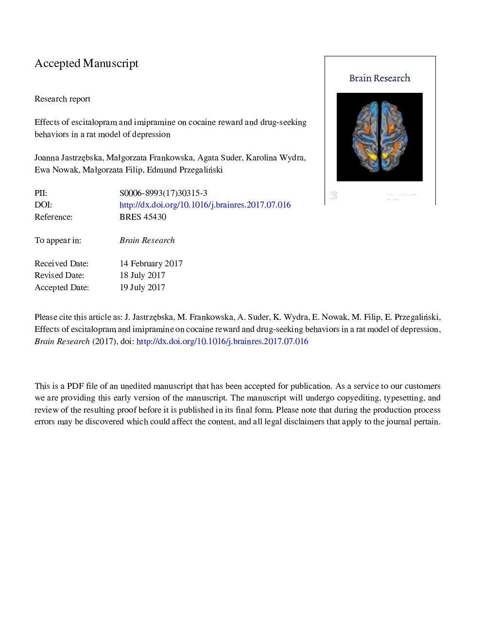 Effects of escitalopram and imipramine on cocaine reinforcement and drug-seeking behaviors in a rat model of depression