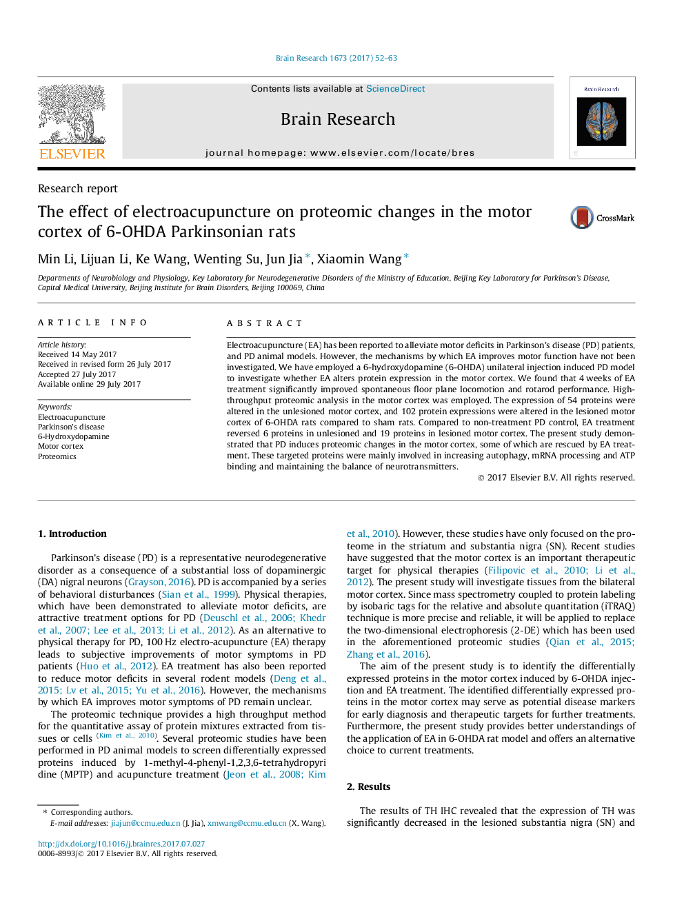 Research reportThe effect of electroacupuncture on proteomic changes in the motor cortex of 6-OHDA Parkinsonian rats