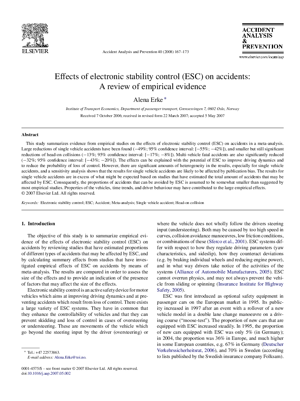 Effects of electronic stability control (ESC) on accidents: A review of empirical evidence