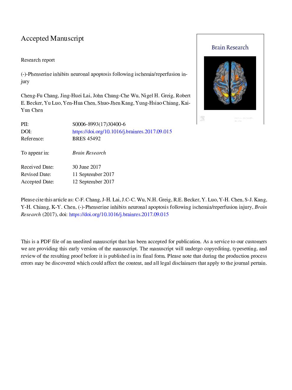 (â)-Phenserine inhibits neuronal apoptosis following ischemia/reperfusion injury