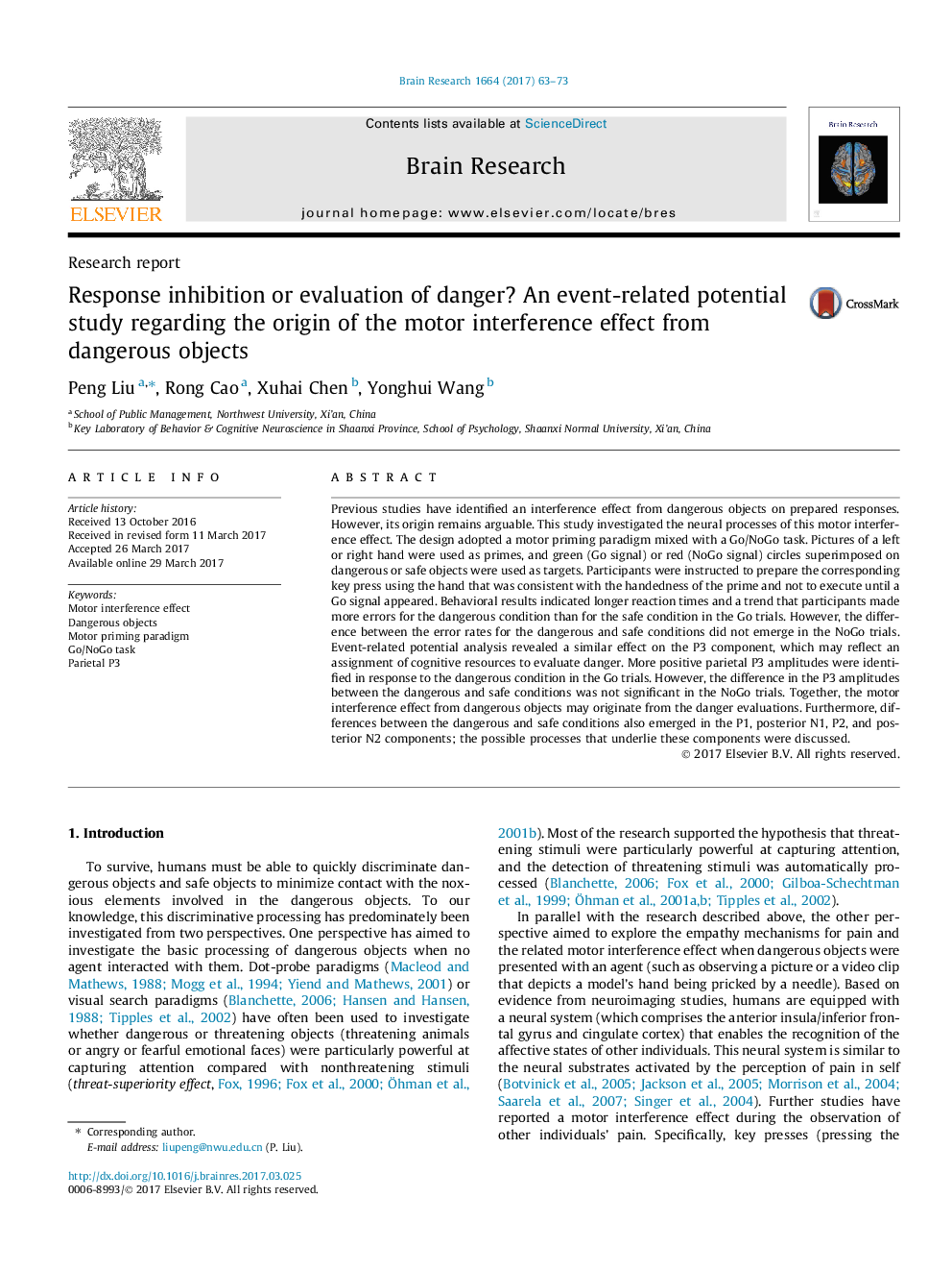Response inhibition or evaluation of danger? An event-related potential study regarding the origin of the motor interference effect from dangerous objects