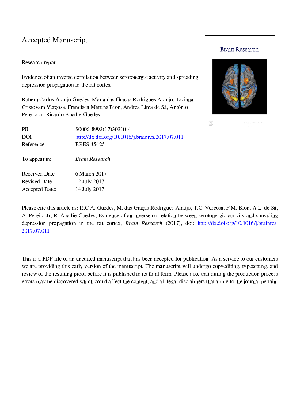 Evidence of an inverse correlation between serotonergic activity and spreading depression propagation in the rat cortex