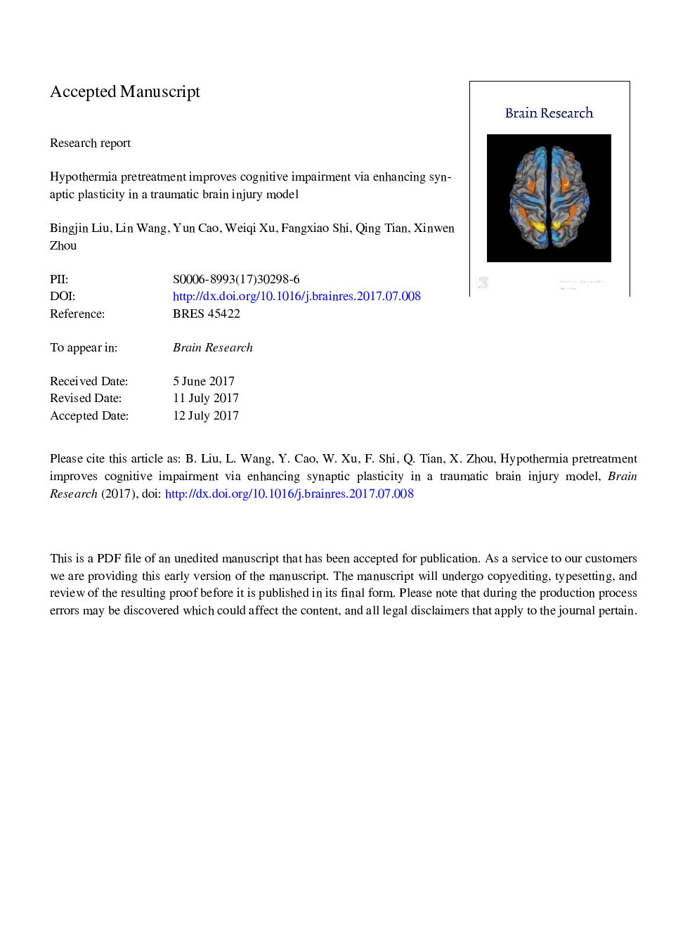 Hypothermia pretreatment improves cognitive impairment via enhancing synaptic plasticity in a traumatic brain injury model