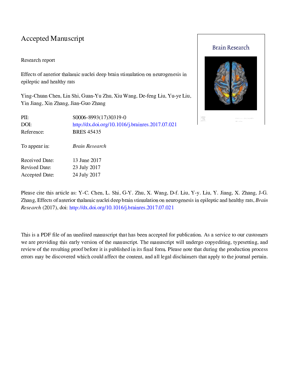 Effects of anterior thalamic nuclei deep brain stimulation on neurogenesis in epileptic and healthy rats