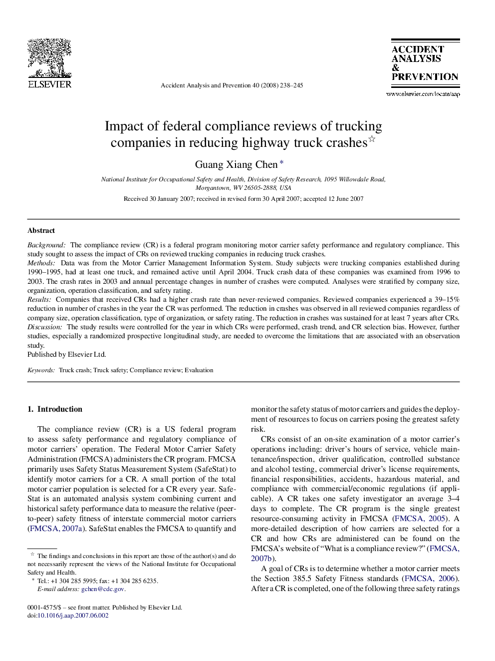 عکس صفحه اول مقاله: Impact of federal compliance reviews of trucking companies in reducing highway truck crashes Impact of federal compliance reviews of trucking companies in reducing highway truck crashes