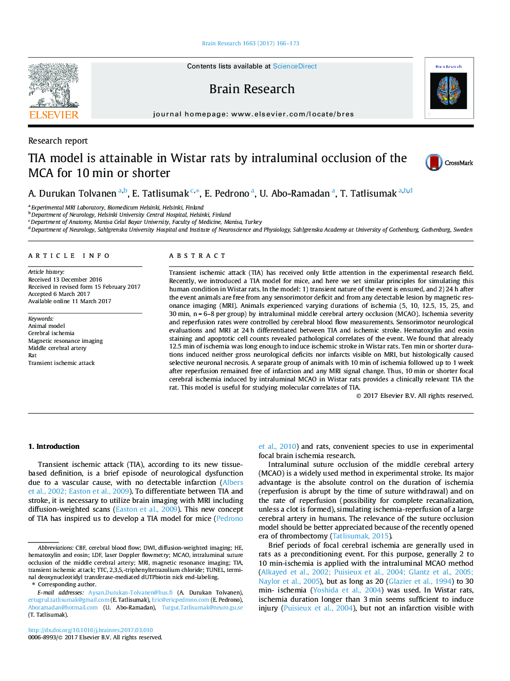 TIA model is attainable in Wistar rats by intraluminal occlusion of the MCA for 10Â min or shorter