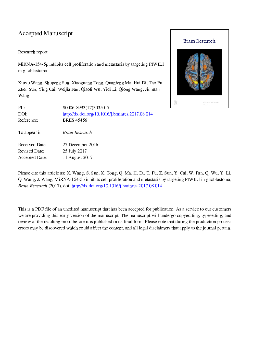 MiRNA-154-5p inhibits cell proliferation and metastasis by targeting PIWIL1 in glioblastoma