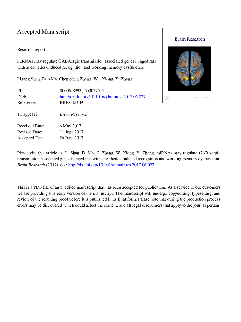 miRNAs may regulate GABAergic transmission associated genes in aged rats with anesthetics-induced recognition and working memory dysfunction