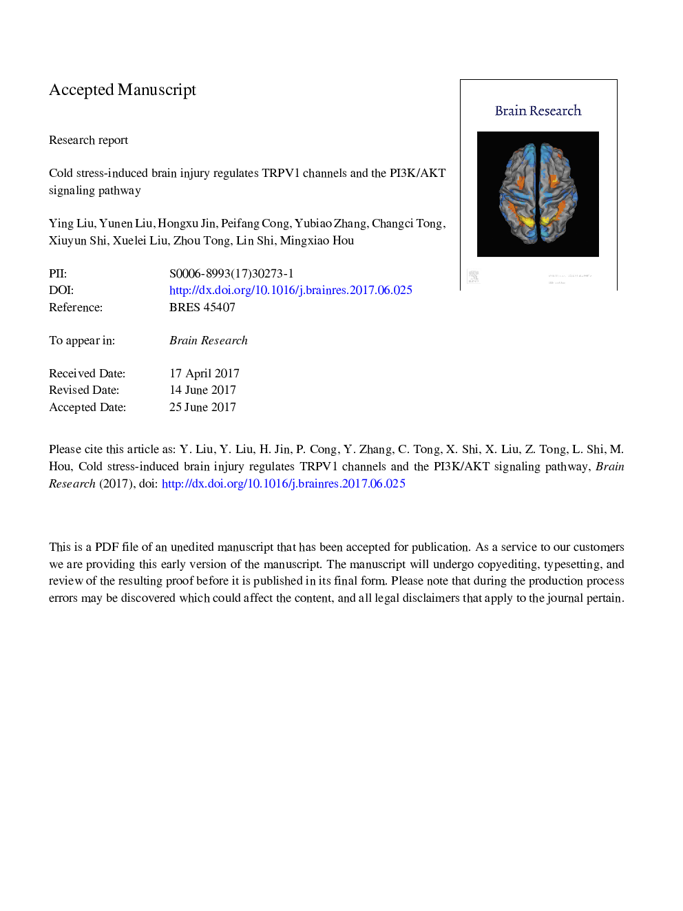 Cold stress-induced brain injury regulates TRPV1 channels and the PI3K/AKT signaling pathway