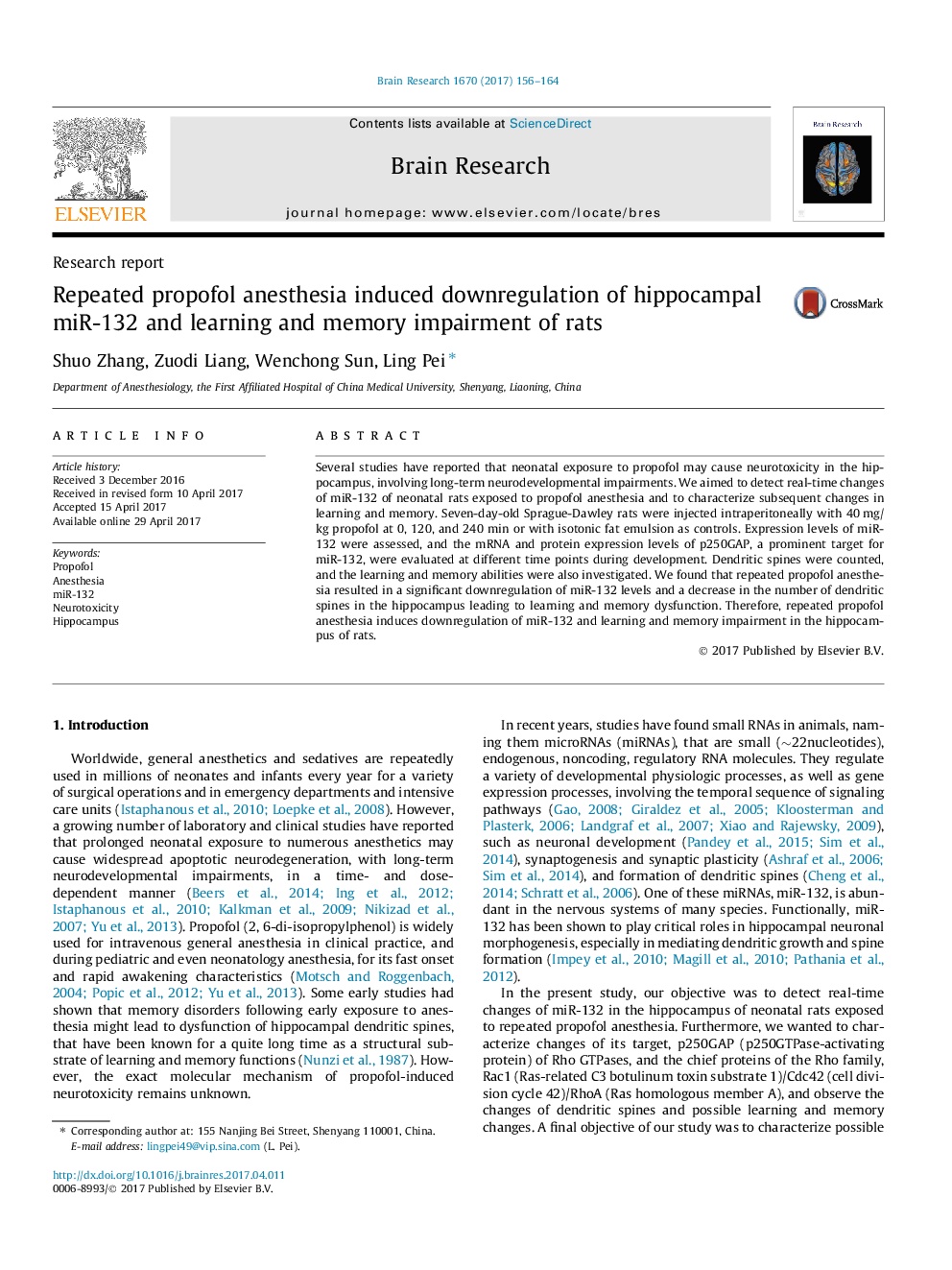 Research reportRepeated propofol anesthesia induced downregulation of hippocampal miR-132 and learning and memory impairment of rats